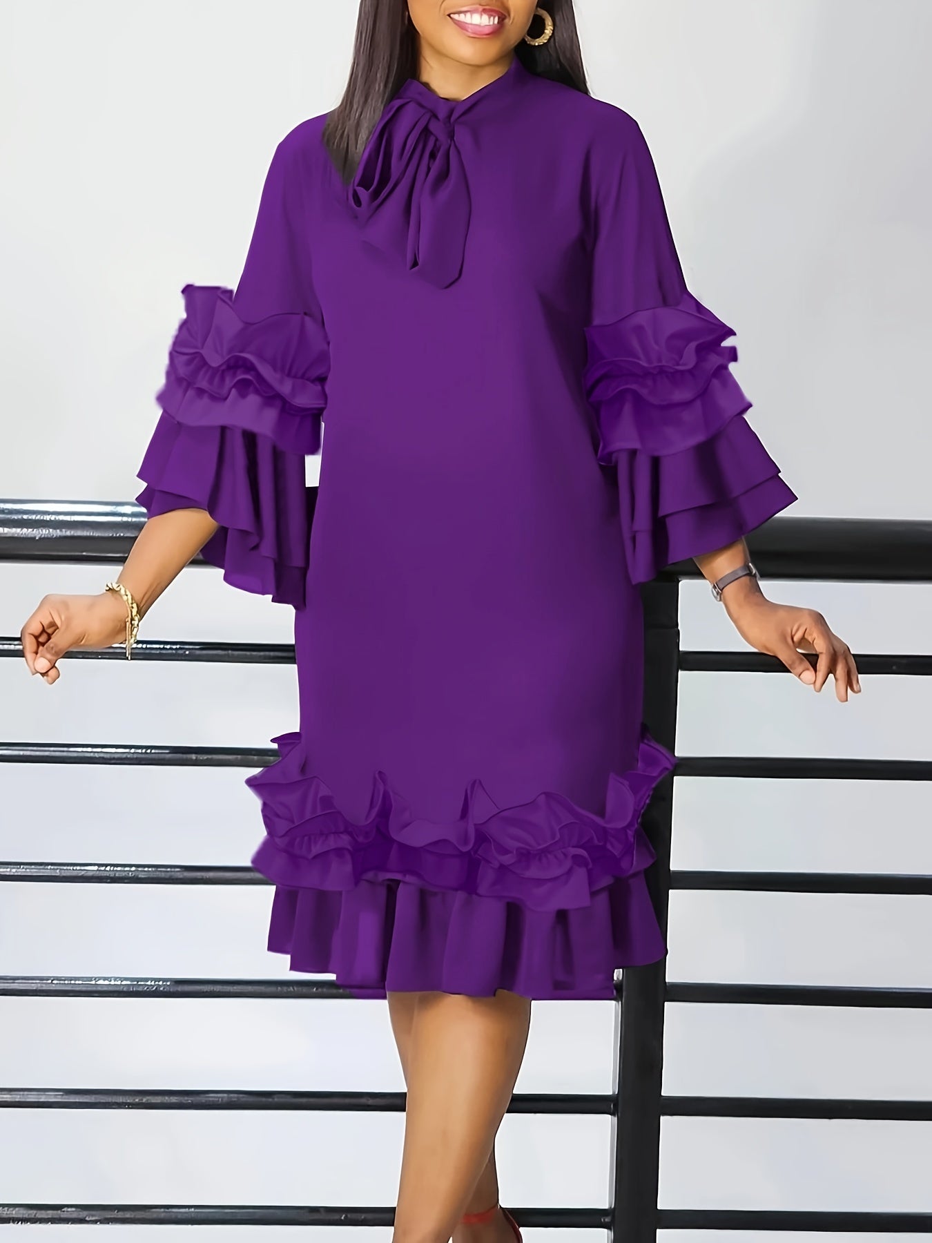 Elegant Ruffled Tie Neck Long Sleeve Dress for Women, Spring/Fall Casual Wear